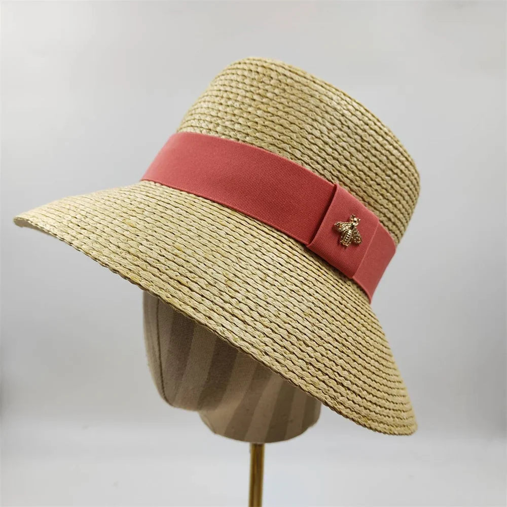 Natural Straw Boater Top Flat Hat for Women Summer Beach Flat Brim Cap With Ribbon For Holiday Party chapeau femme