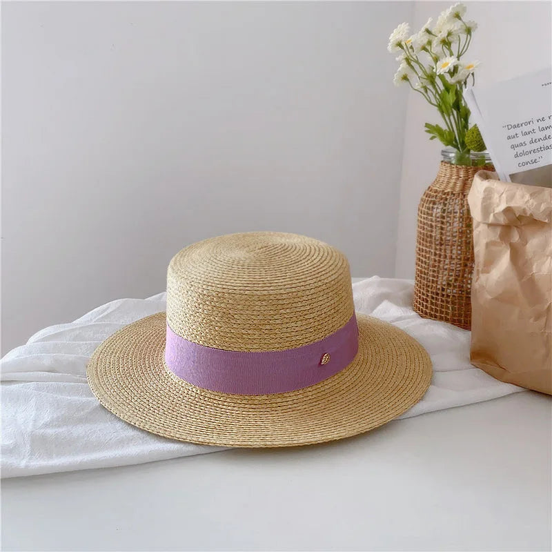 Natural Straw Boater Top Flat Hat for Women Summer Beach Flat Brim Cap With Ribbon For Holiday Party chapeau femme