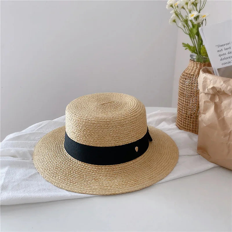 Natural Straw Boater Top Flat Hat for Women Summer Beach Flat Brim Cap With Ribbon For Holiday Party chapeau femme