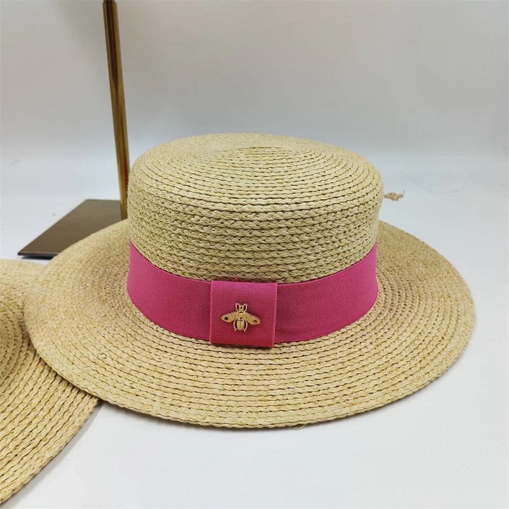 Natural Straw Boater Top Flat Hat for Women Summer Beach Flat Brim Cap With Ribbon For Holiday Party chapeau femme