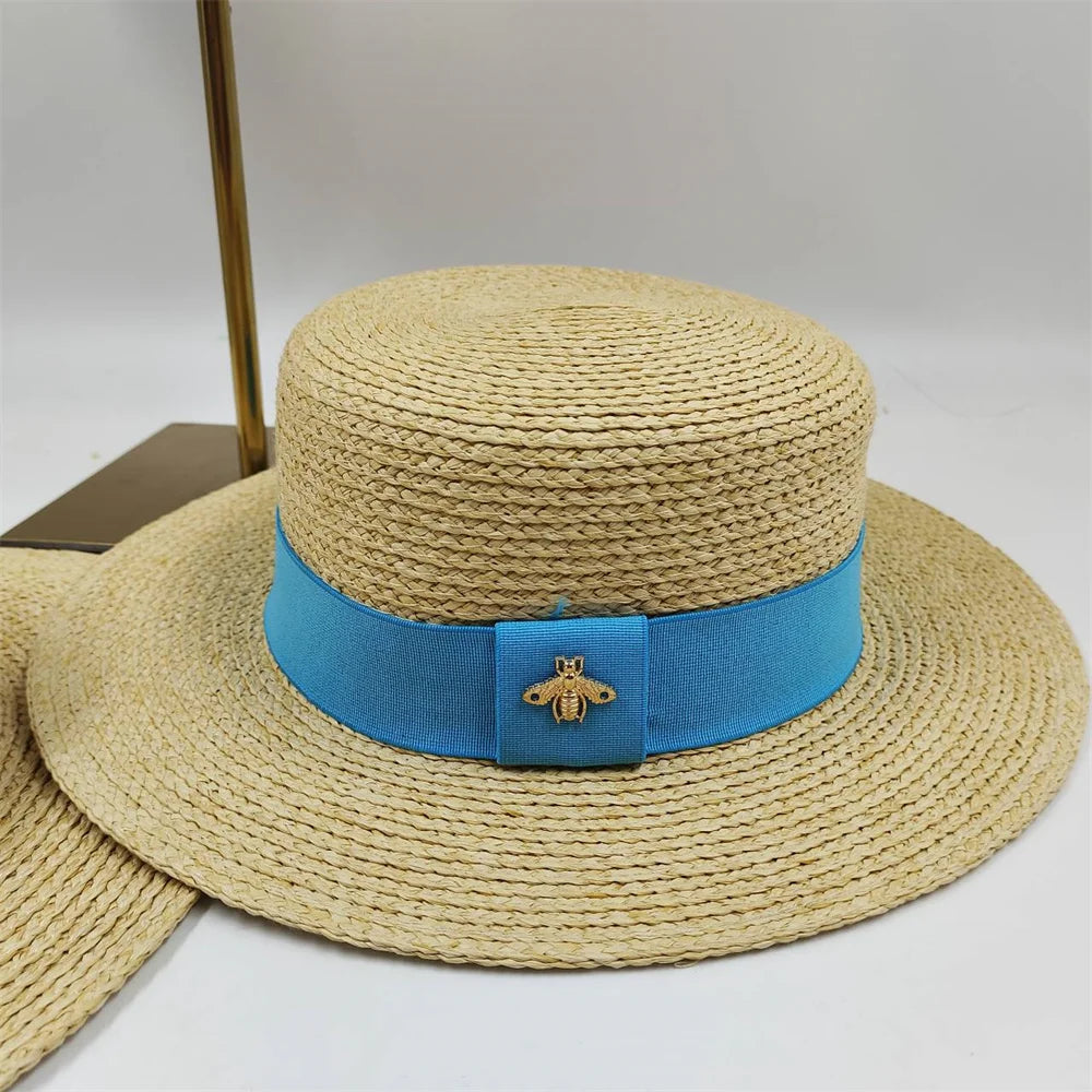 Natural Straw Boater Top Flat Hat for Women Summer Beach Flat Brim Cap With Ribbon For Holiday Party chapeau femme