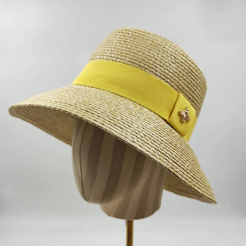 Natural Straw Boater Top Flat Hat for Women Summer Beach Flat Brim Cap With Ribbon For Holiday Party chapeau femme