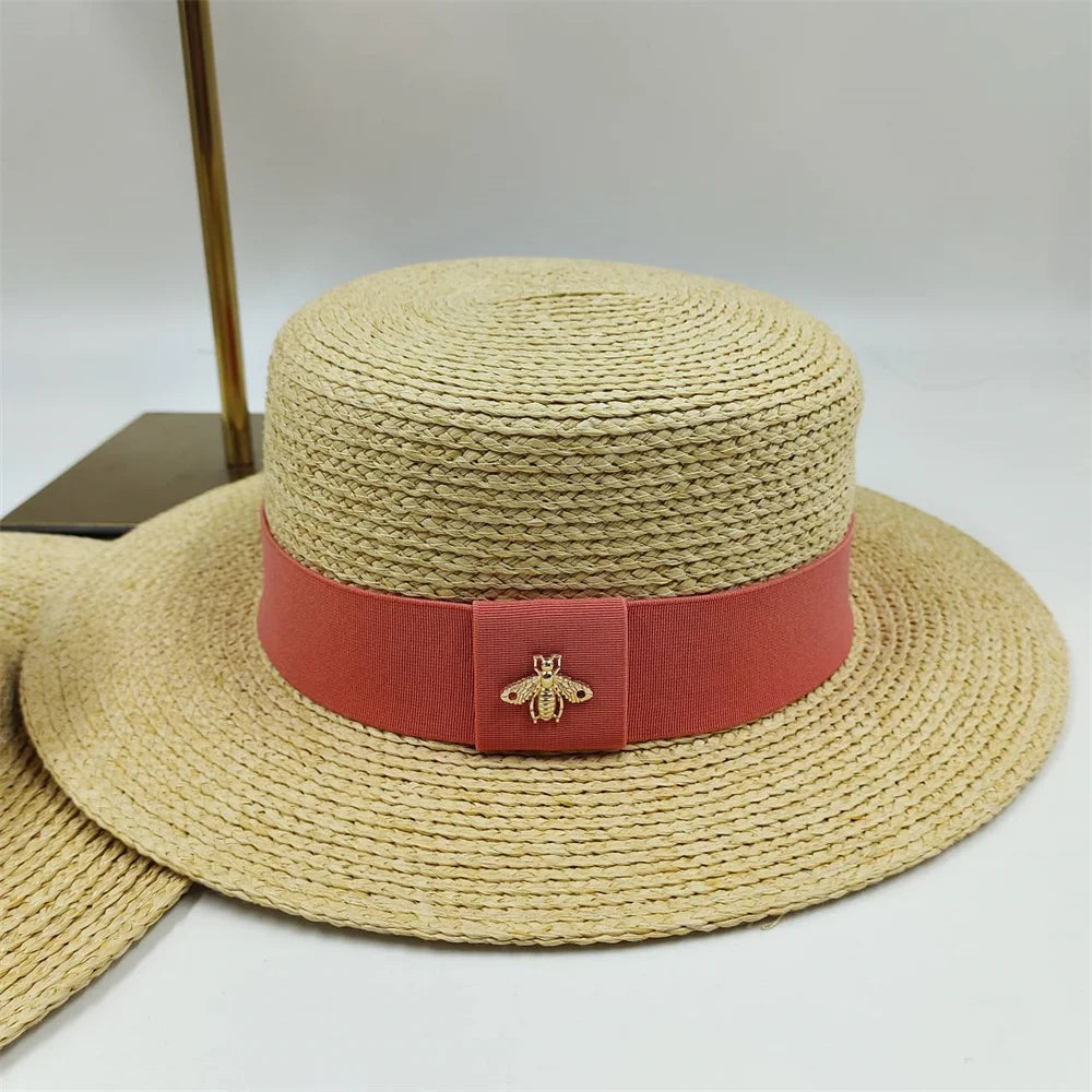 Natural Straw Boater Top Flat Hat for Women Summer Beach Flat Brim Cap With Ribbon For Holiday Party chapeau femme