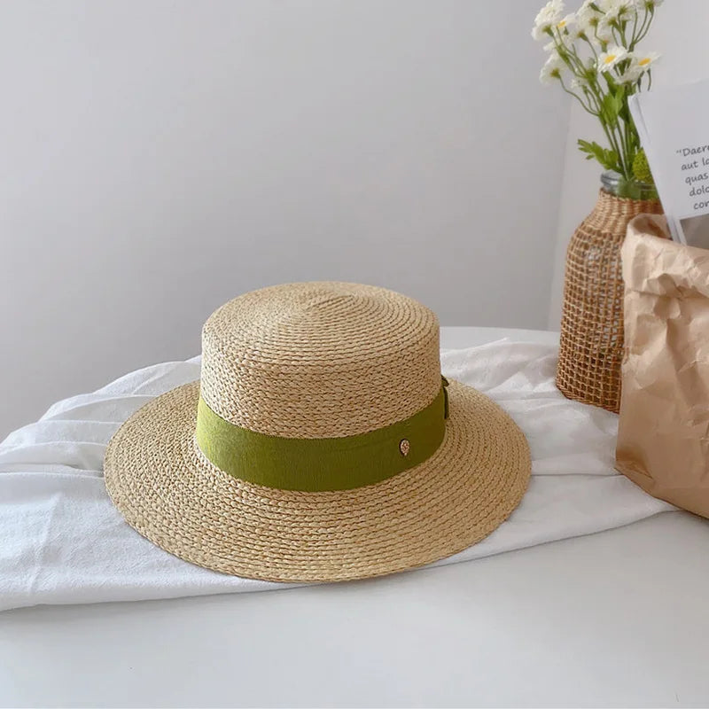 Natural Straw Boater Top Flat Hat for Women Summer Beach Flat Brim Cap With Ribbon For Holiday Party chapeau femme