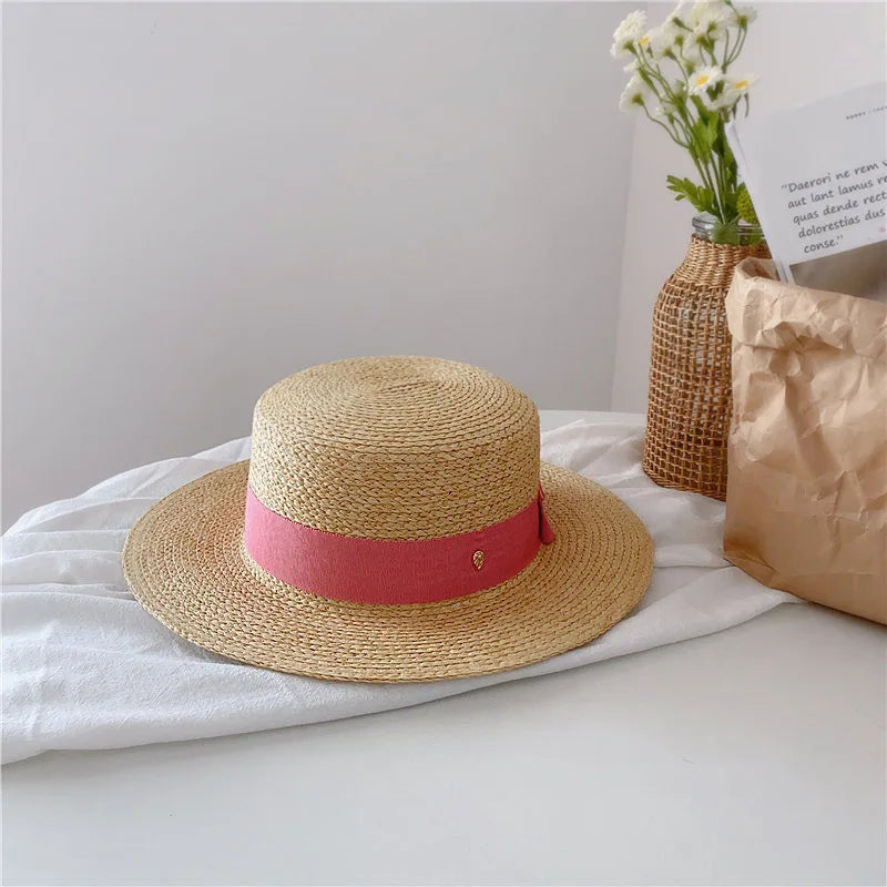 Natural Straw Boater Top Flat Hat for Women Summer Beach Flat Brim Cap With Ribbon For Holiday Party chapeau femme