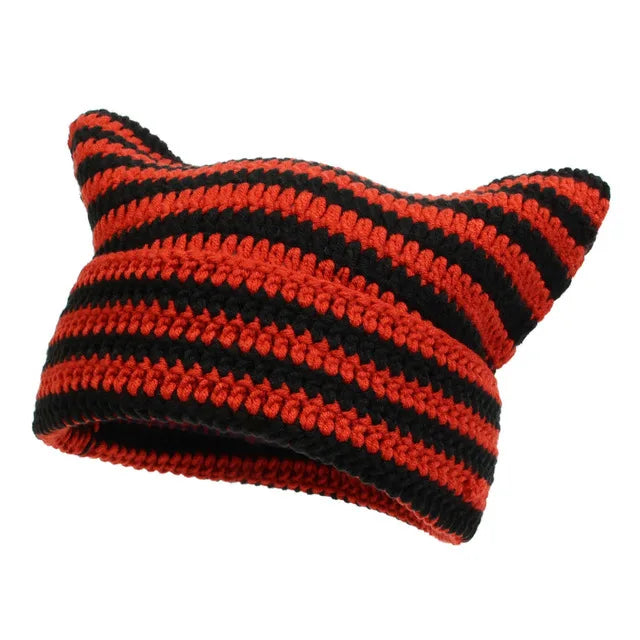 New Japanese Streetwear Harajuku Beanie Little Devil Striped Knitted Hat Women Girls Autumn Winter Cute Cat Ears Cap