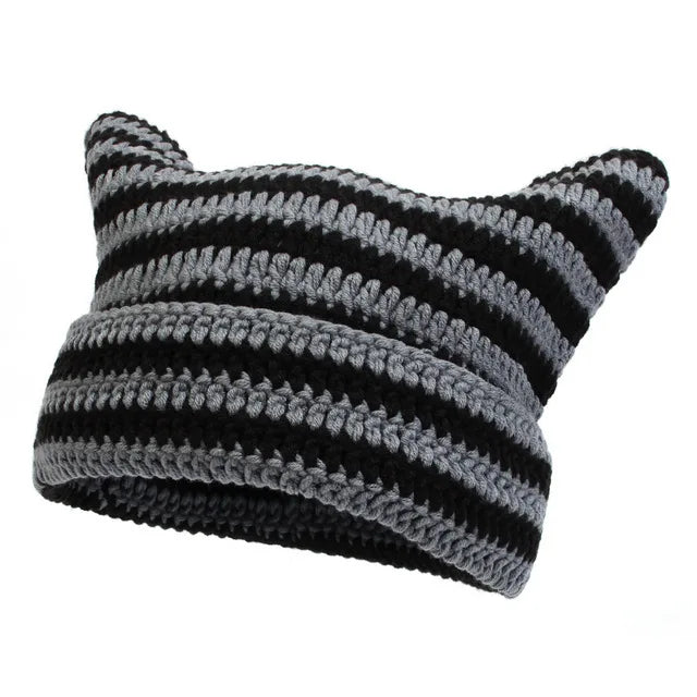 New Japanese Streetwear Harajuku Beanie Little Devil Striped Knitted Hat Women Girls Autumn Winter Cute Cat Ears Cap