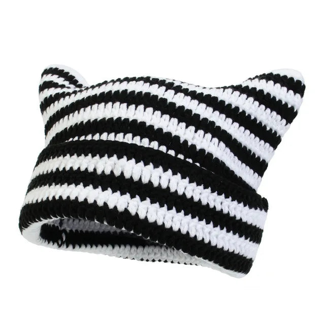 New Japanese Streetwear Harajuku Beanie Little Devil Striped Knitted Hat Women Girls Autumn Winter Cute Cat Ears Cap