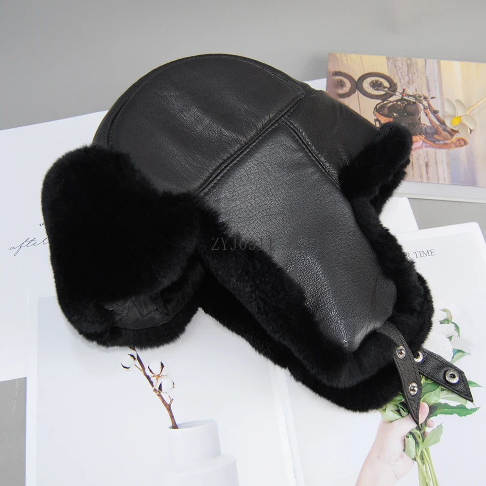 *New Unisex Real Rex Rabbit Fur Bomber Hat Ushanka Cap Trapper Russian Men Women Ski Hats Caps Real Sheepskin Leather Winter War