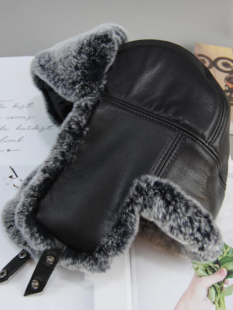 *New Unisex Real Rex Rabbit Fur Bomber Hat Ushanka Cap Trapper Russian Men Women Ski Hats Caps Real Sheepskin Leather Winter War