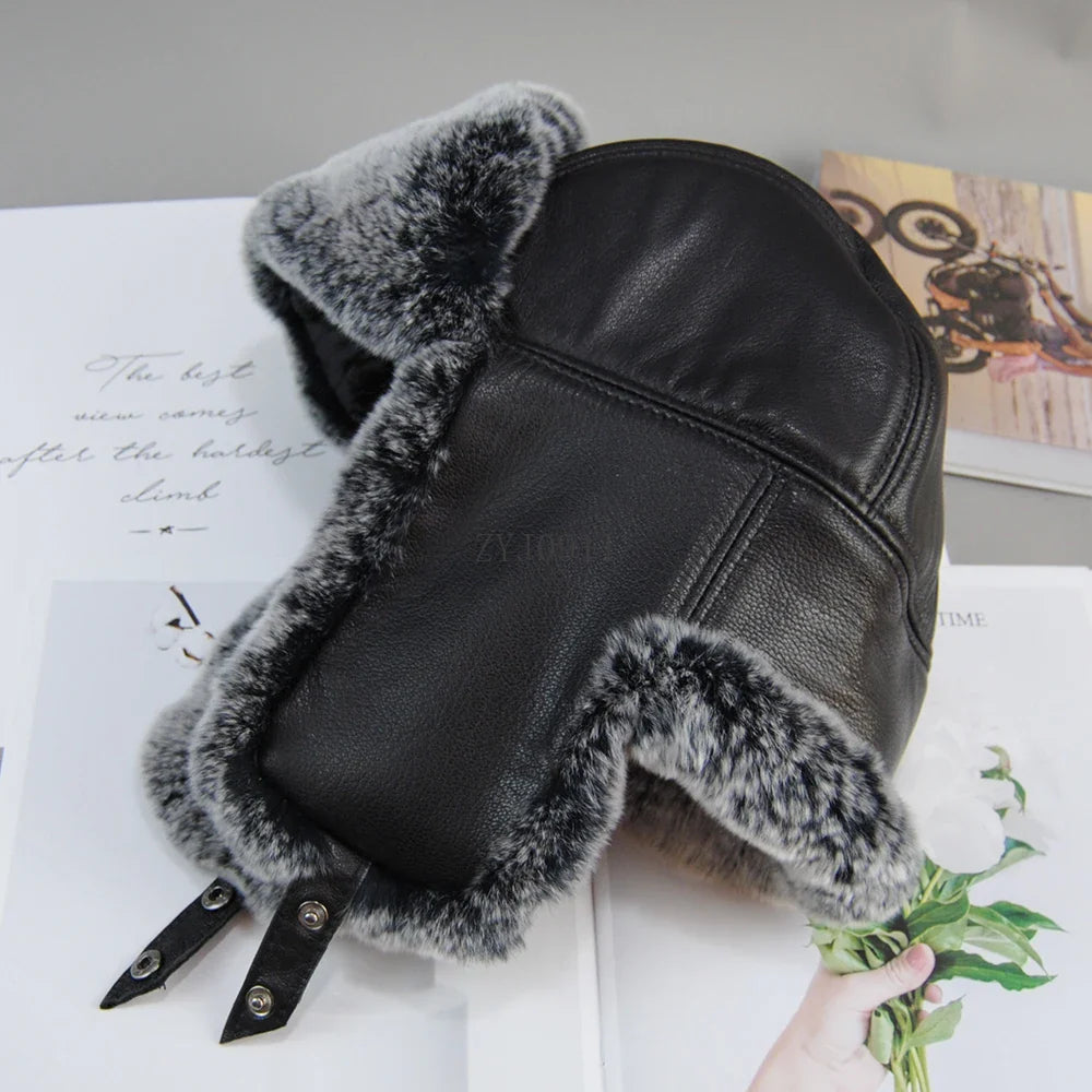 *New Unisex Real Rex Rabbit Fur Bomber Hat Ushanka Cap Trapper Russian Men Women Ski Hats Caps Real Sheepskin Leather Winter War