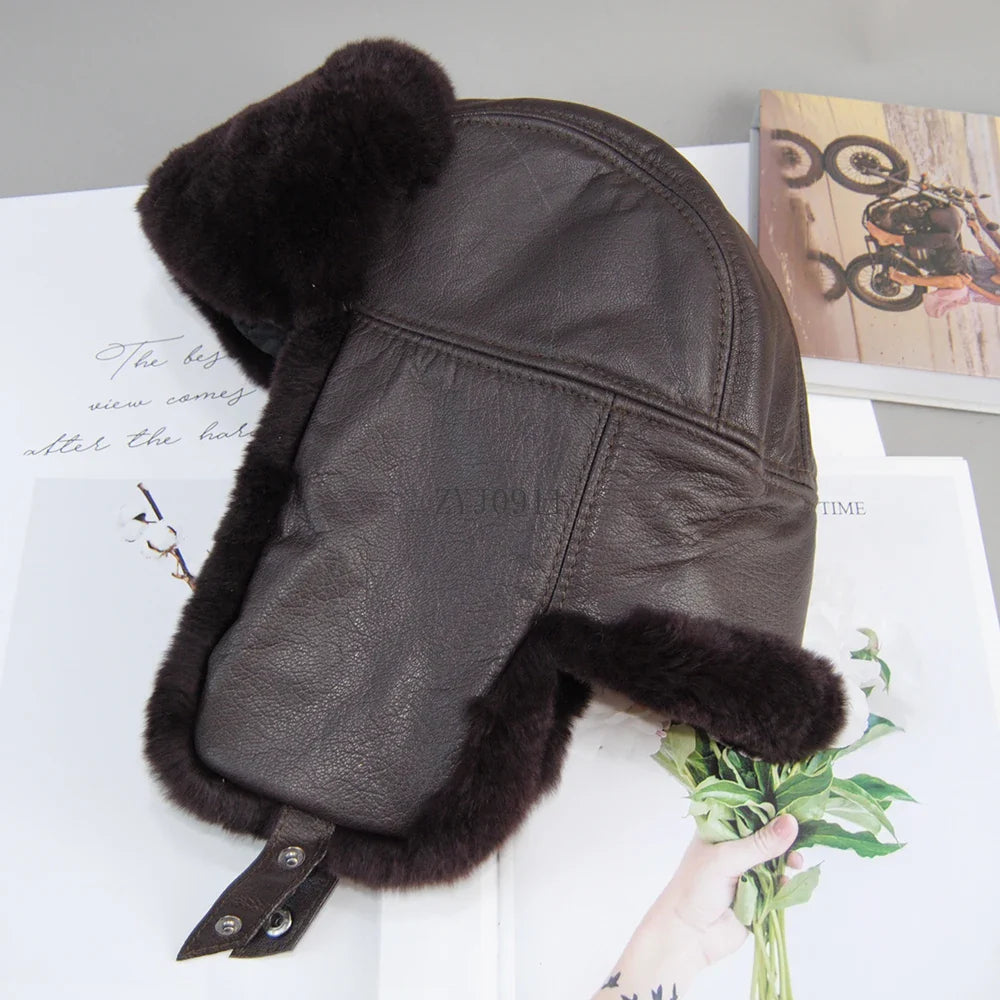 *New Unisex Real Rex Rabbit Fur Bomber Hat Ushanka Cap Trapper Russian Men Women Ski Hats Caps Real Sheepskin Leather Winter War