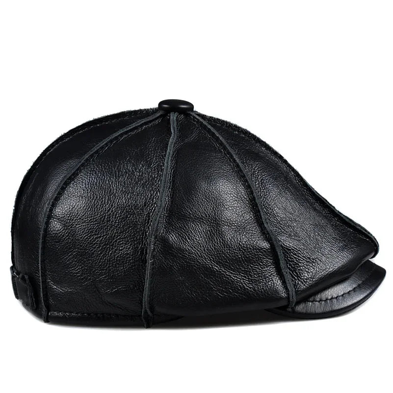 Octagonal Genuine Beret Hat Winter Men's Cowhide Leather Elegant Fashion Student Tongue Cap Snapback Caps For Driver