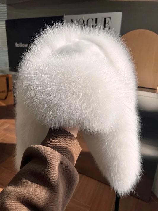 Real Fox Fur Hat For women winter accessories with Rabbit Top bonnet with Tail Pompoms Russian Trapper Ski Hat Fall Bombers Cap