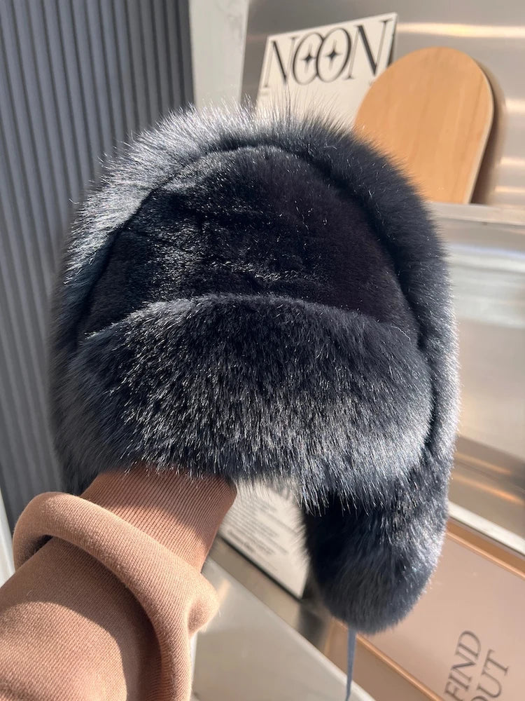 Real Fox Fur Hat For women winter accessories with Rabbit Top bonnet with Tail Pompoms Russian Trapper Ski Hat Fall Bombers Cap