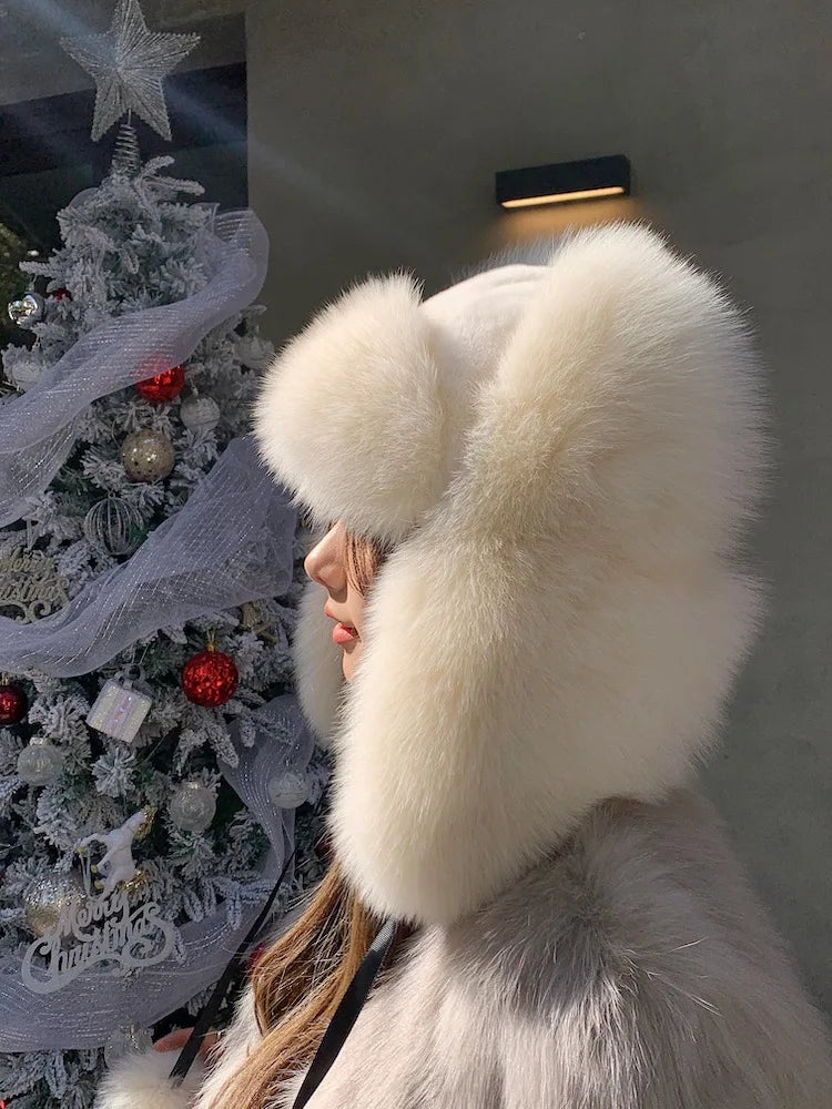 Real Fox Fur Hat For women winter accessories with Rabbit Top bonnet with Tail Pompoms Russian Trapper Ski Hat Fall Bombers Cap