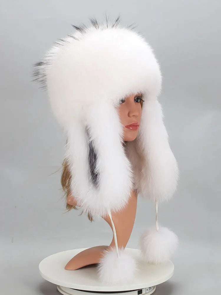 Real Fur Bomber Hat with Ears Lady Winter Warm Luxury 100% Natural Fox Fur Hat Ski Mask Bonnet Fashion Fluffy Fox Fur Beanie Cap