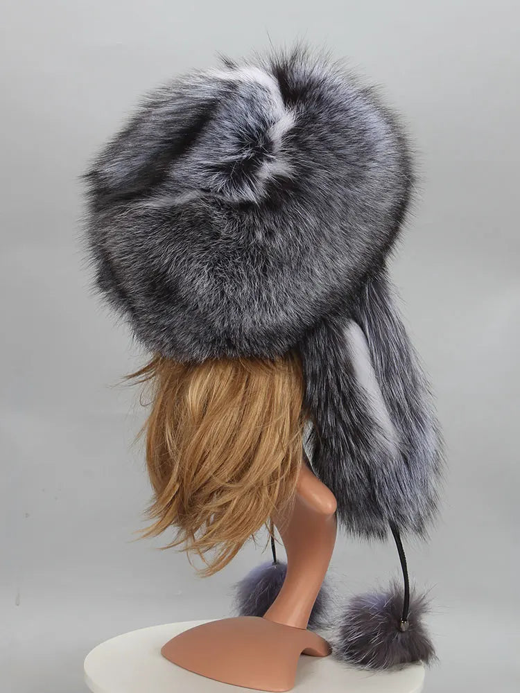 Real Fur Bomber Hat with Ears Lady Winter Warm Luxury 100% Natural Fox Fur Hat Ski Mask Bonnet Fashion Fluffy Fox Fur Beanie Cap