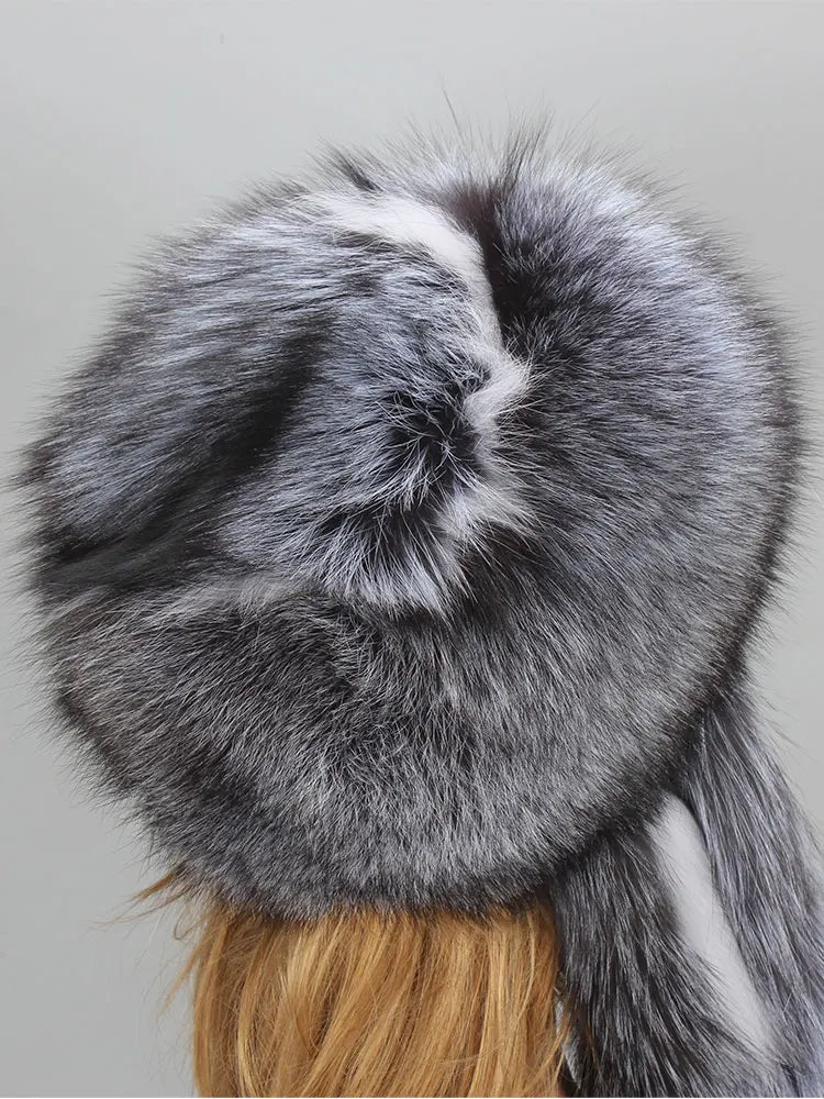 Real Fur Bomber Hat with Ears Lady Winter Warm Luxury 100% Natural Fox Fur Hat Ski Mask Bonnet Fashion Fluffy Fox Fur Beanie Cap