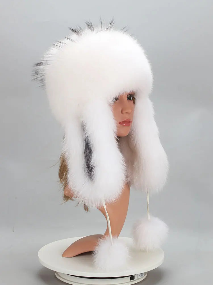 Real Fur Bomber Hat with Ears Lady Winter Warm Luxury 100% Natural Fox Fur Hat Ski Mask Bonnet Fashion Fluffy Fox Fur Beanie Cap