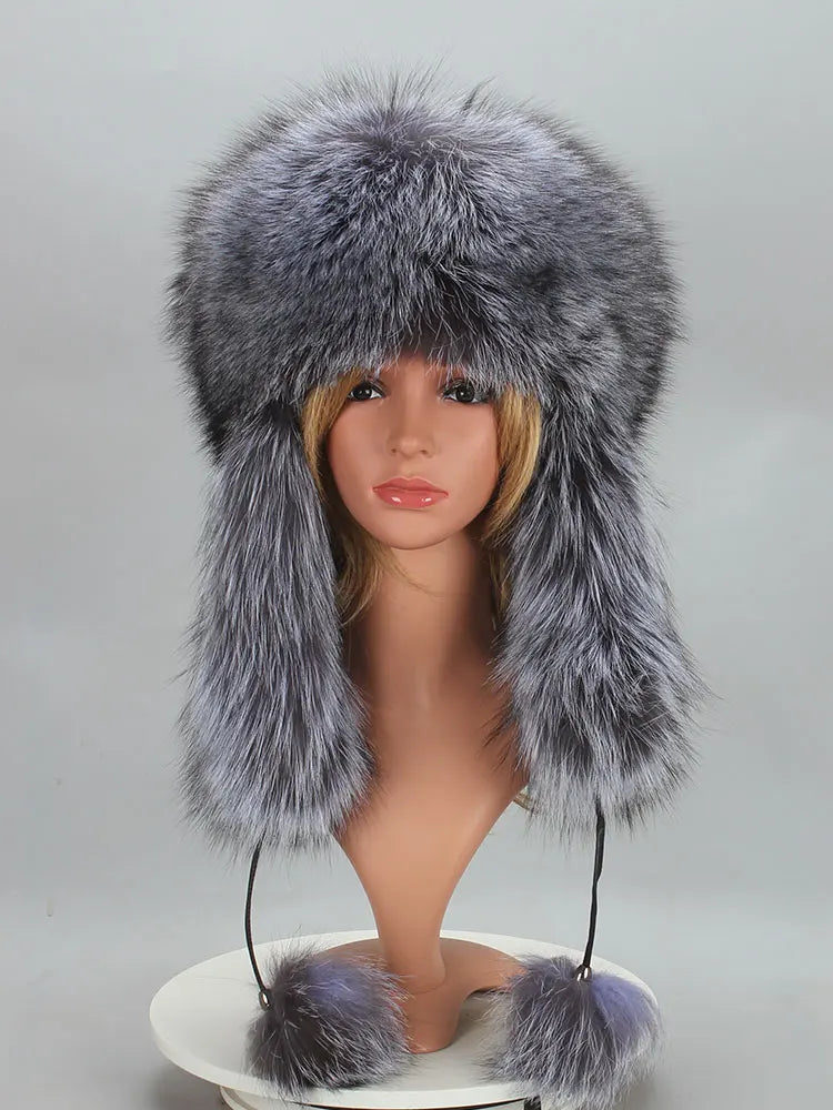 Real Fur Bomber Hat with Ears Lady Winter Warm Luxury 100% Natural Fox Fur Hat Ski Mask Bonnet Fashion Fluffy Fox Fur Beanie Cap