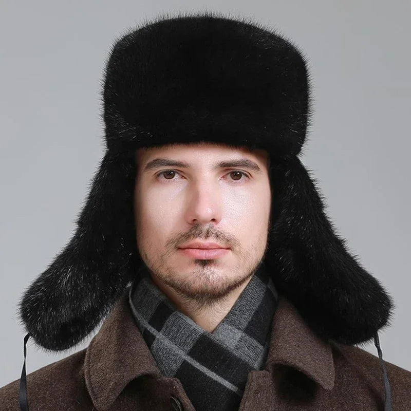 Real Mink Fur Hat Men Trapper Bomber Hats Russian Ushanka Warm Winter Fur Earflap Hat Outdoor Sports Skiing Hunting Piush Cap