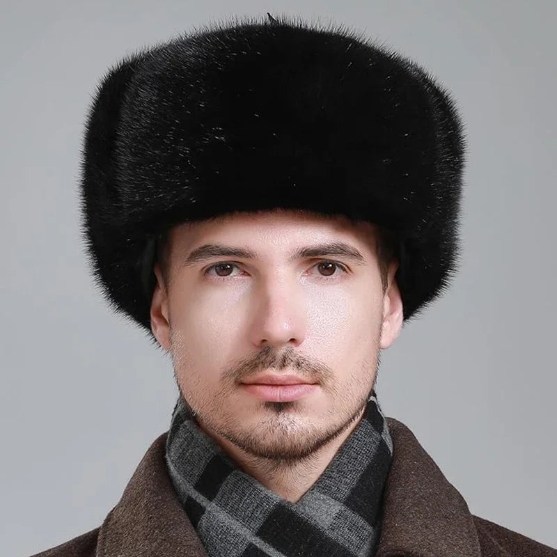 Real Mink Fur Hat Men Trapper Bomber Hats Russian Ushanka Warm Winter Fur Earflap Hat Outdoor Sports Skiing Hunting Piush Cap