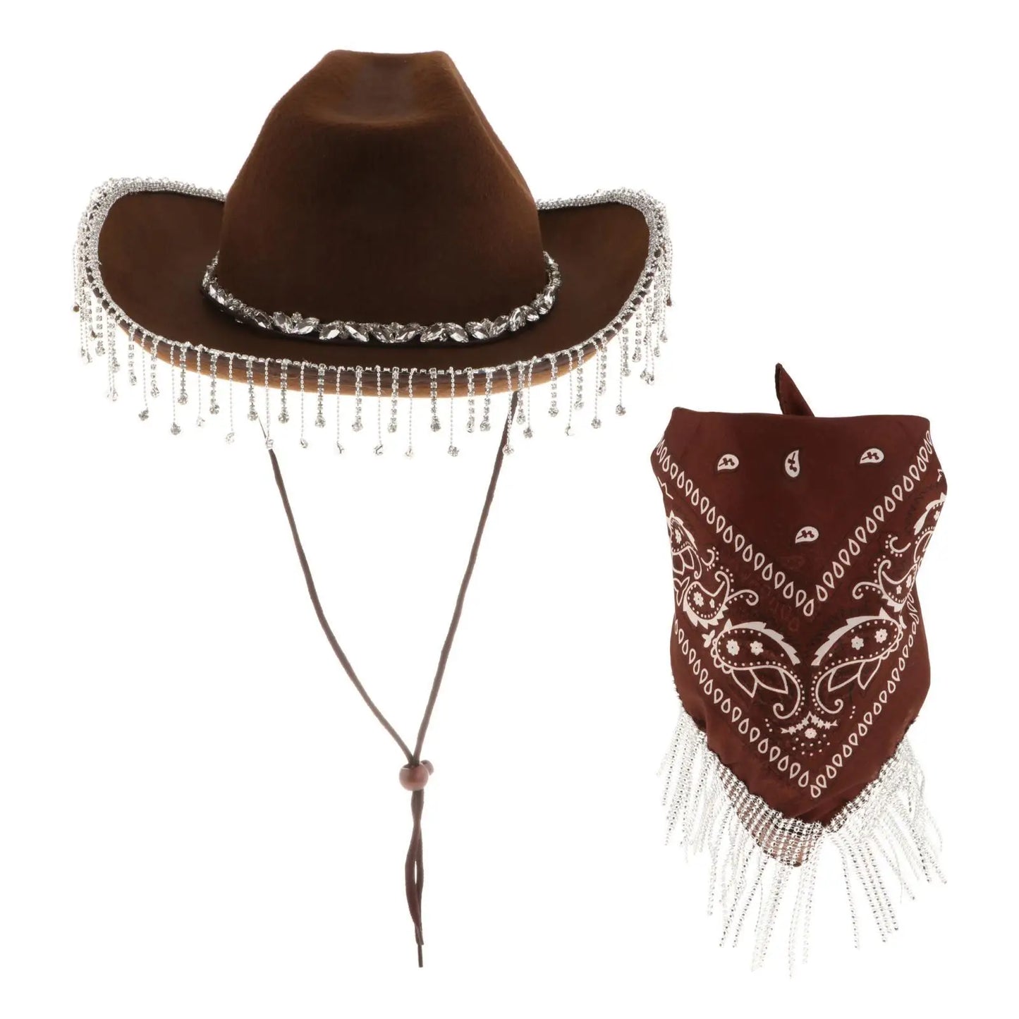 Rhinestone Fringe Cowboy Hat Bling Cowgirl Hat and Bandana Set for Cosplay Party Birthday Music Festival Costume Accessories