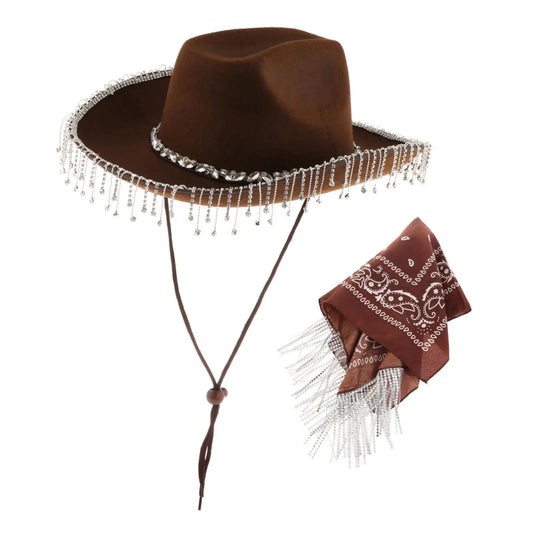 Rhinestone Fringe Cowboy Hat Bling Cowgirl Hat and Bandana Set for Cosplay Party Birthday Music Festival Costume Accessories