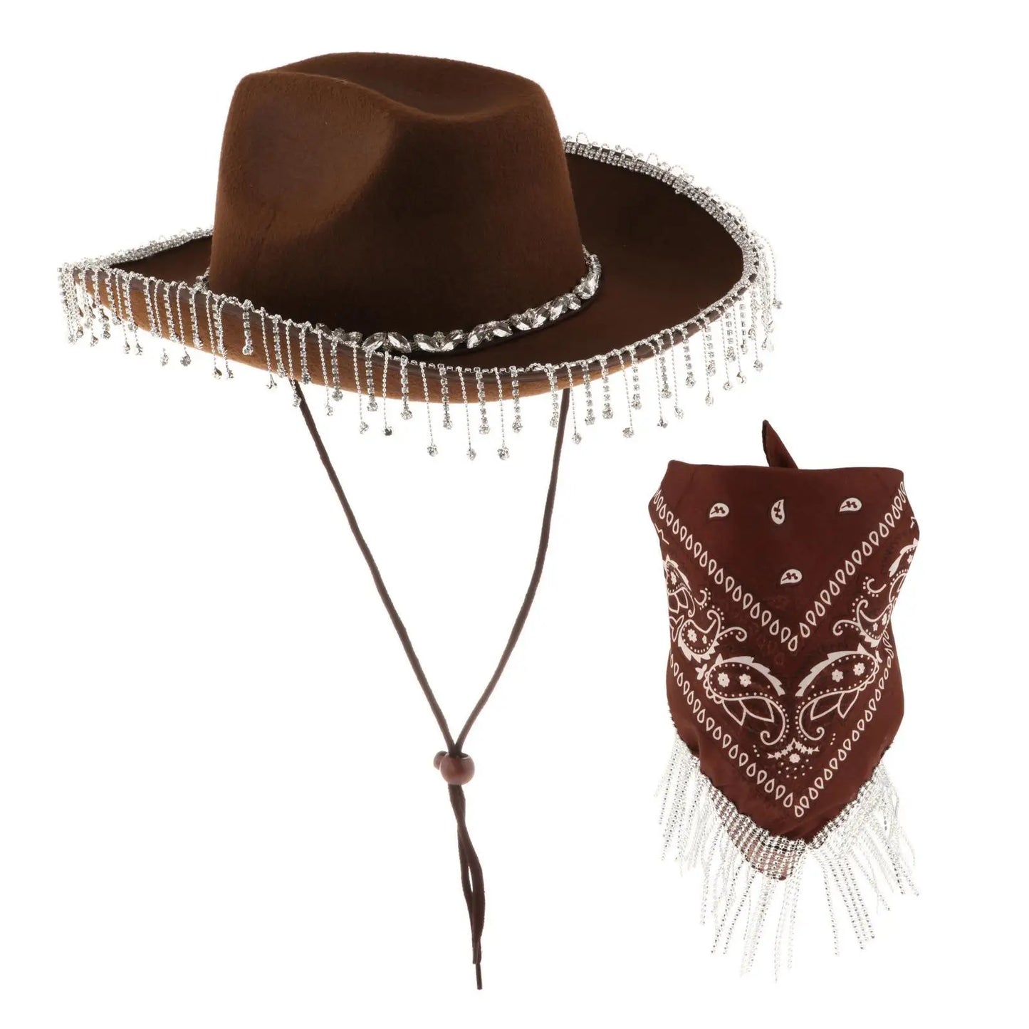 Rhinestone Fringe Cowboy Hat Bling Cowgirl Hat and Bandana Set for Cosplay Party Birthday Music Festival Costume Accessories