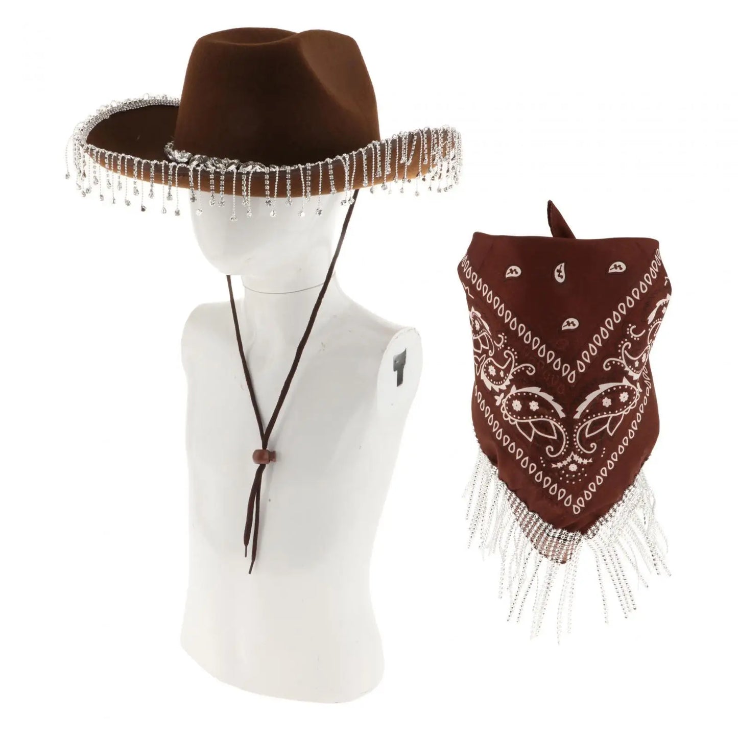 Rhinestone Fringe Cowboy Hat Bling Cowgirl Hat and Bandana Set for Cosplay Party Birthday Music Festival Costume Accessories