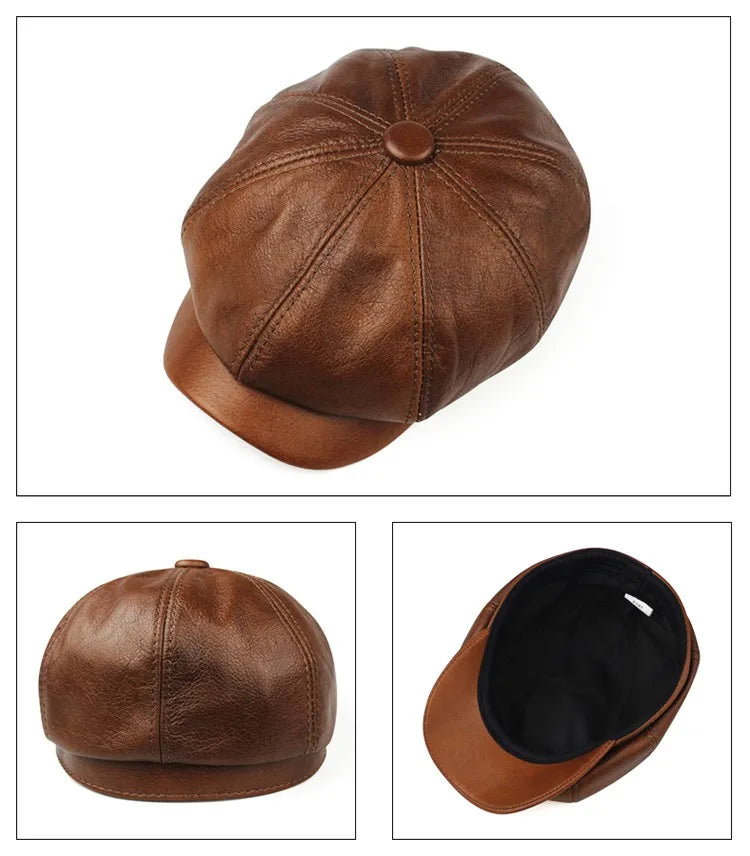 Leather hat Men's fall/winter Beret Winter cowhide octagon peaked cap