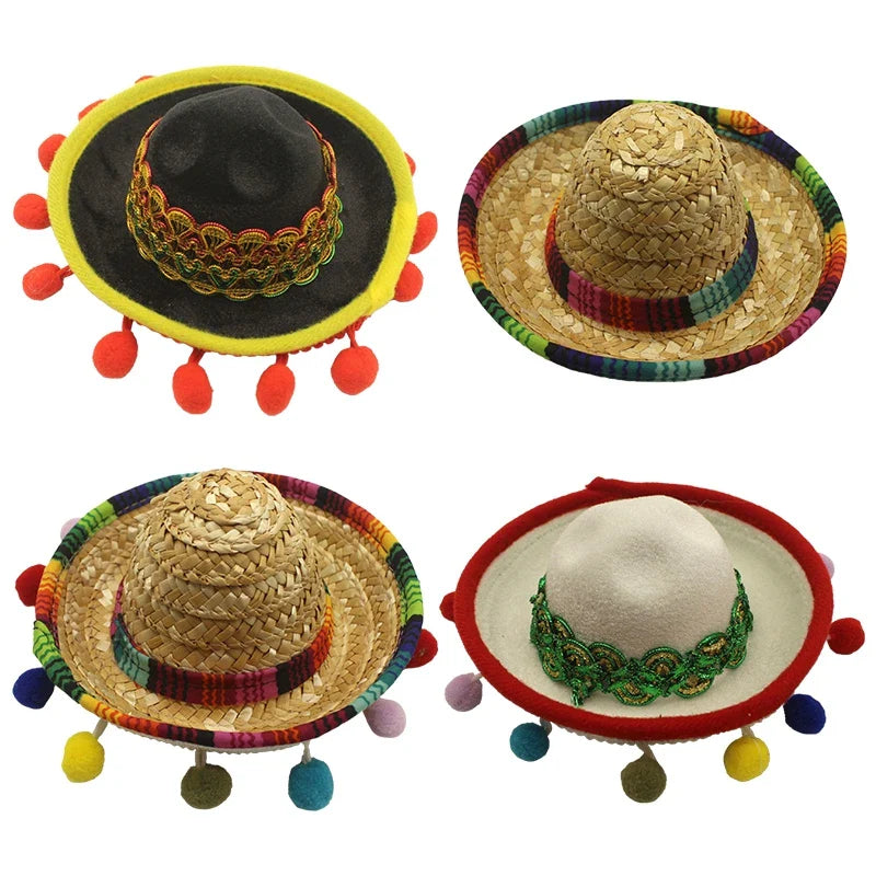 Funny Mexican Sombrero Performance Props Carnival Halloween Party Funny Hats With Colorful Ball Mini Sun Hat For Kids Boys Girls