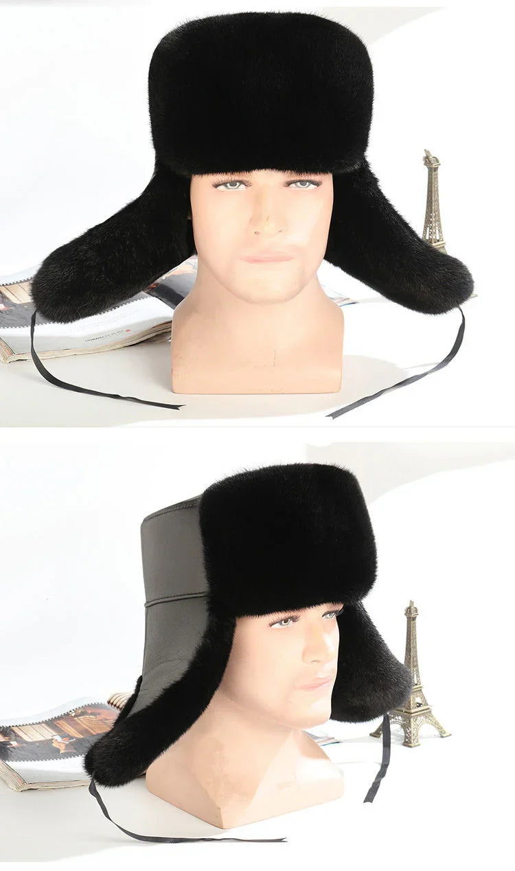 Mink Fur Hat Bomber Hats Winter 100% Real Fur Hat For Men Wool Fur Cap With Ear Protect Russion Hat Warm Cap With Ear Flaps