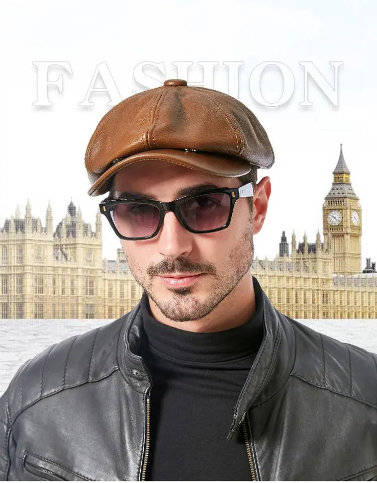 Leather hat Men's fall/winter Beret Winter cowhide octagon peaked cap