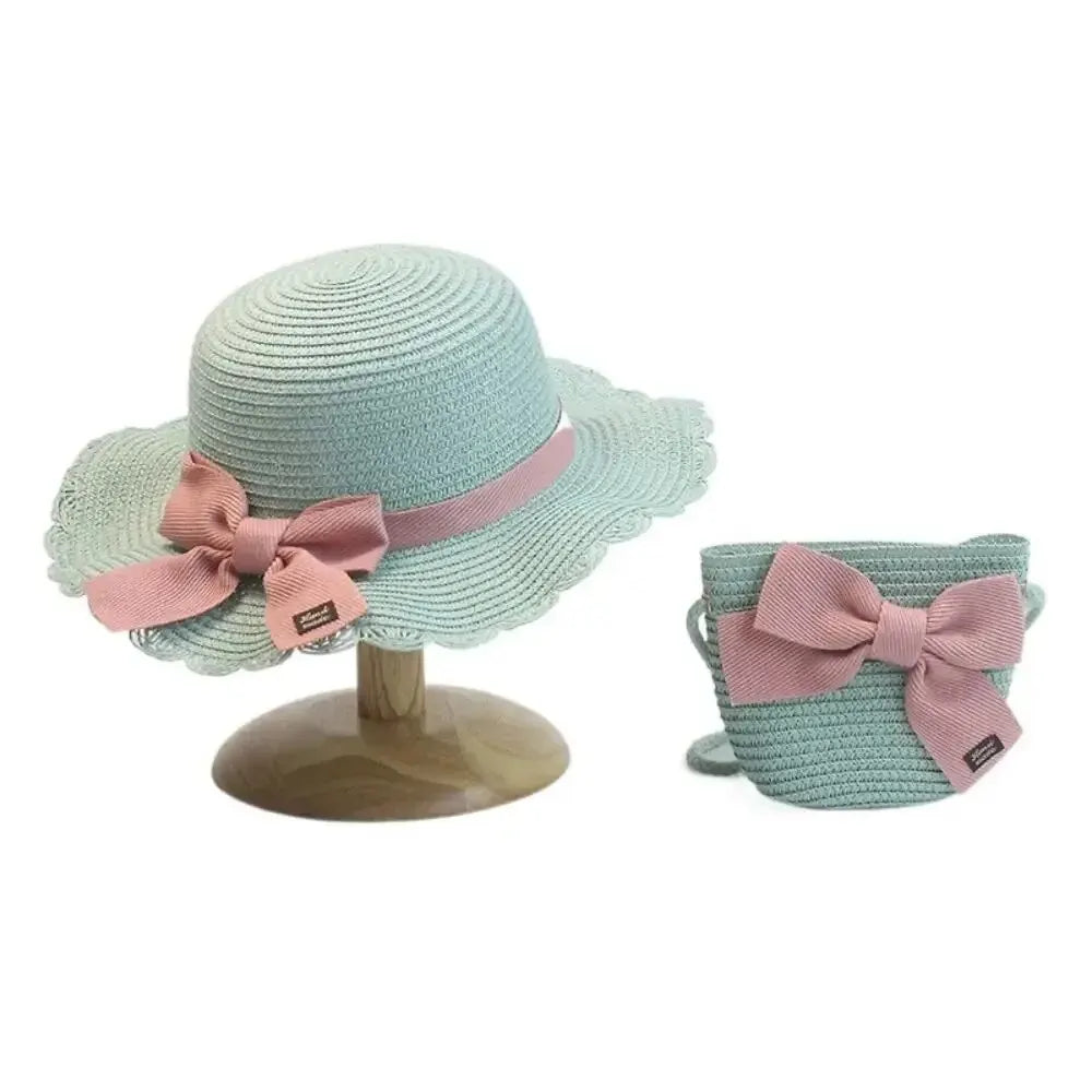 Children Straw Hat and Shoulder Bag Girls Summer Outdoor Beach Cap Cute Bow Travel Beach Sun Hat Crossbody Bag