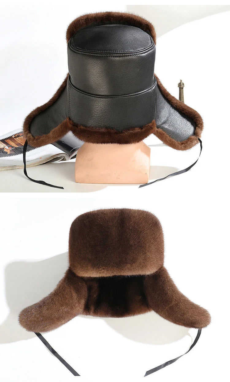 Mink Fur Hat Bomber Hats Winter 100% Real Fur Hat For Men Wool Fur Cap With Ear Protect Russion Hat Warm Cap With Ear Flaps