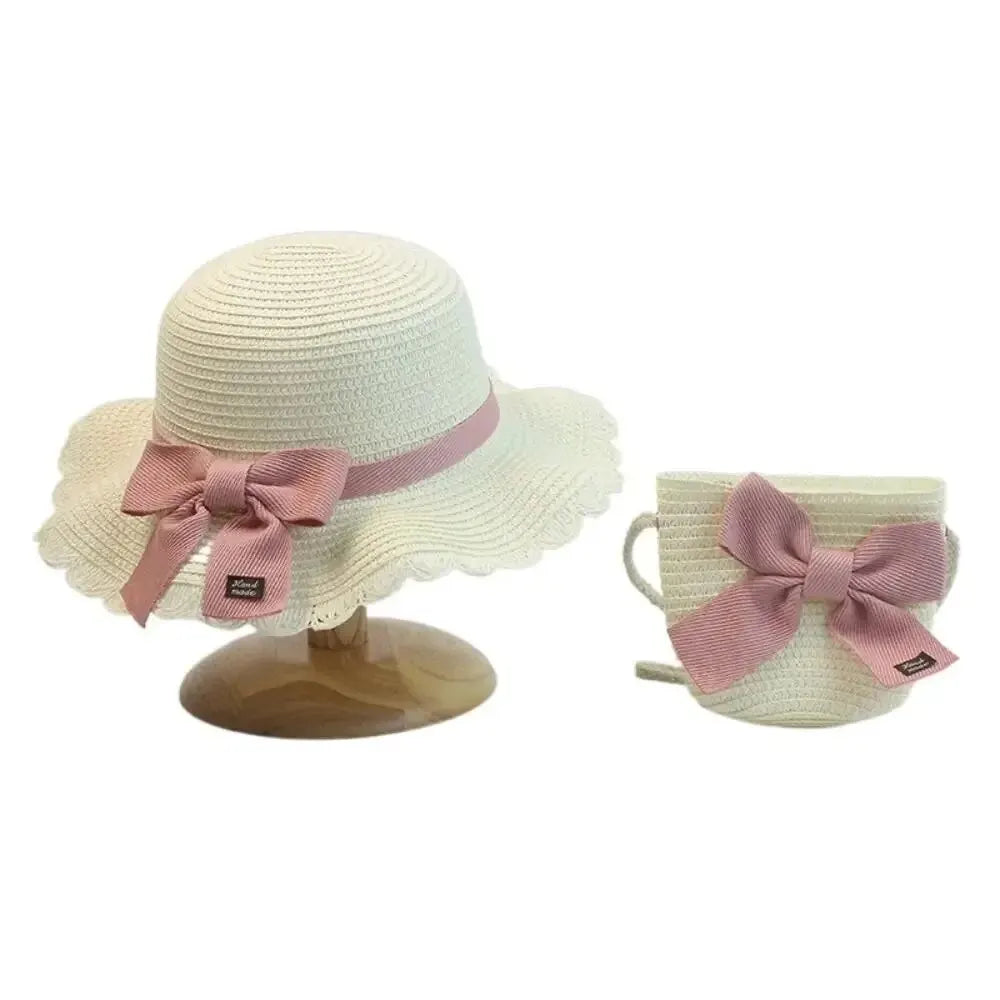 Children Straw Hat and Shoulder Bag Girls Summer Outdoor Beach Cap Cute Bow Travel Beach Sun Hat Crossbody Bag