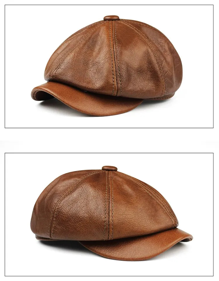 Leather hat Men's fall/winter Beret Winter cowhide octagon peaked cap