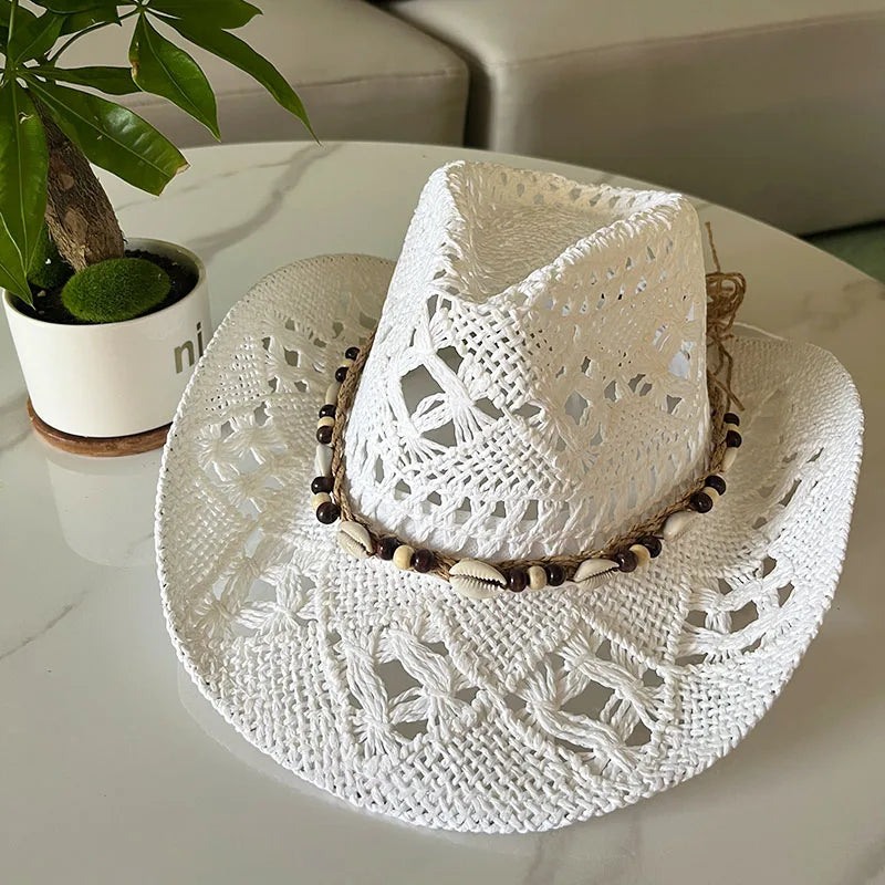 Summer Bohemian Shell Straw Hat Beach Women Men Cowboy Hats Wooden Beads Hollow Out Western Wide Brim Sun Hat Holiday Cap