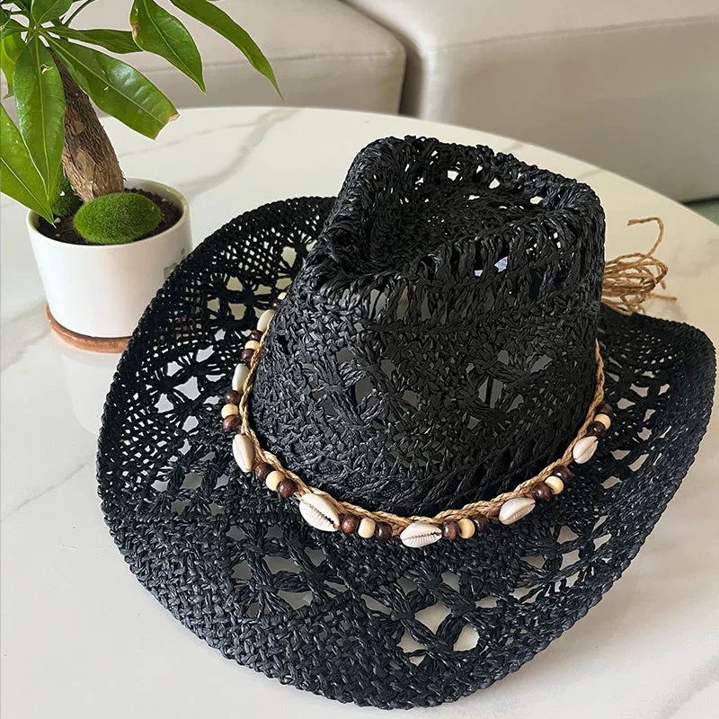 Summer Bohemian Shell Straw Hat Beach Women Men Cowboy Hats Wooden Beads Hollow Out Western Wide Brim Sun Hat Holiday Cap