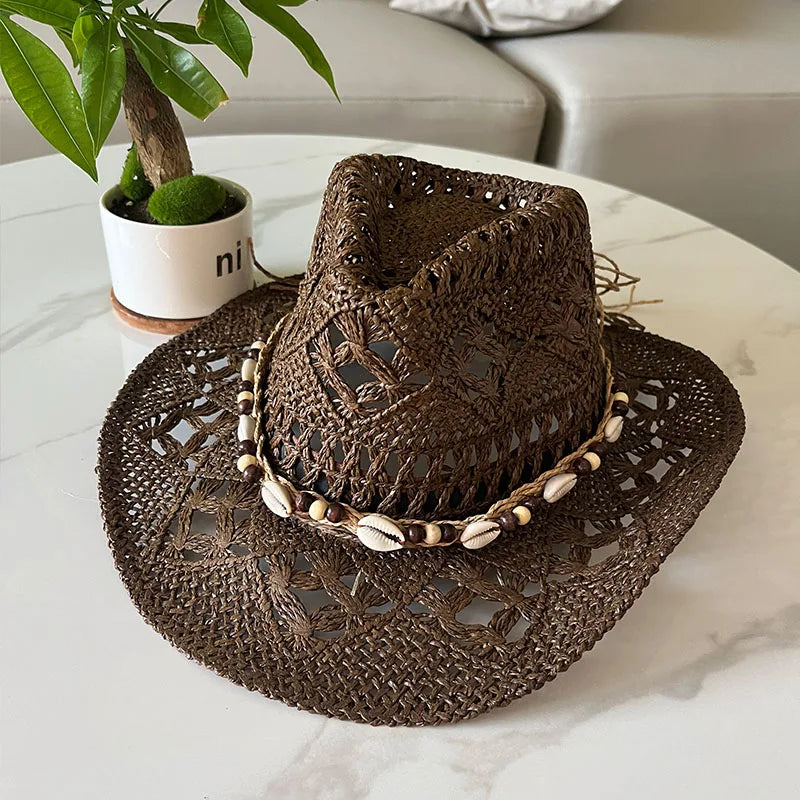 Summer Bohemian Shell Straw Hat Beach Women Men Cowboy Hats Wooden Beads Hollow Out Western Wide Brim Sun Hat Holiday Cap