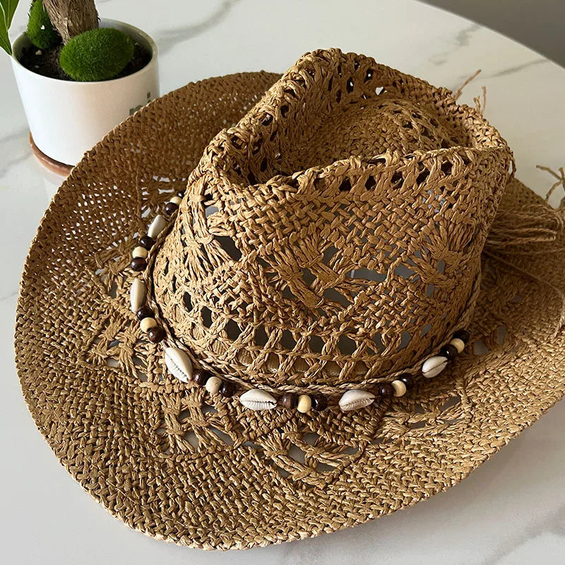 Summer Bohemian Shell Straw Hat Beach Women Men Cowboy Hats Wooden Beads Hollow Out Western Wide Brim Sun Hat Holiday Cap