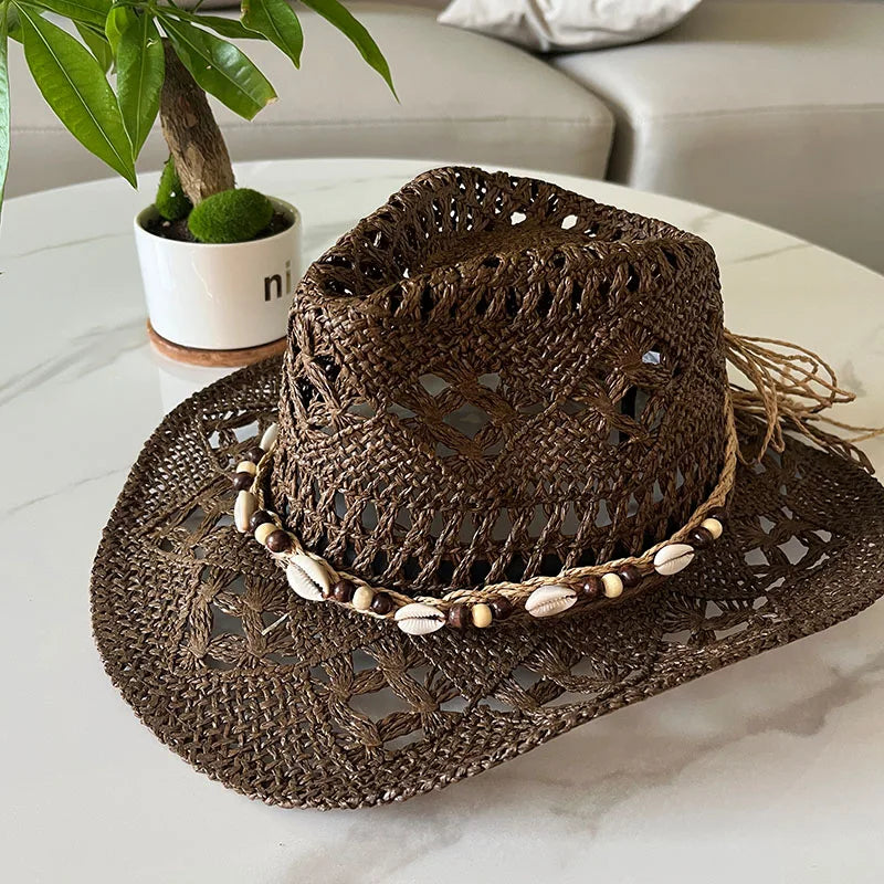 Summer Bohemian Shell Straw Hat Beach Women Men Cowboy Hats Wooden Beads Hollow Out Western Wide Brim Sun Hat Holiday Cap