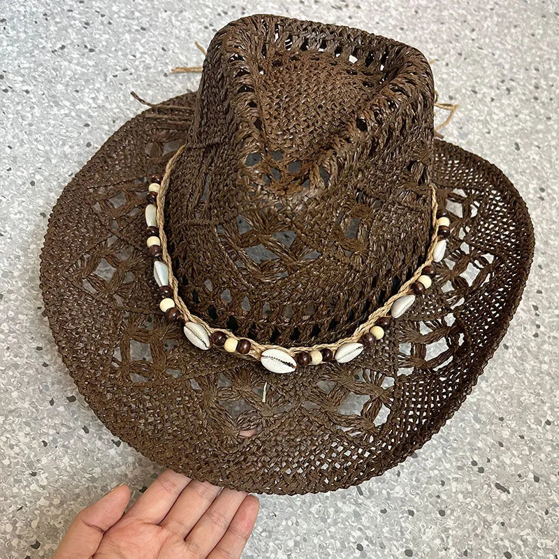 Summer Bohemian Shell Straw Hat Beach Women Men Cowboy Hats Wooden Beads Hollow Out Western Wide Brim Sun Hat Holiday Cap