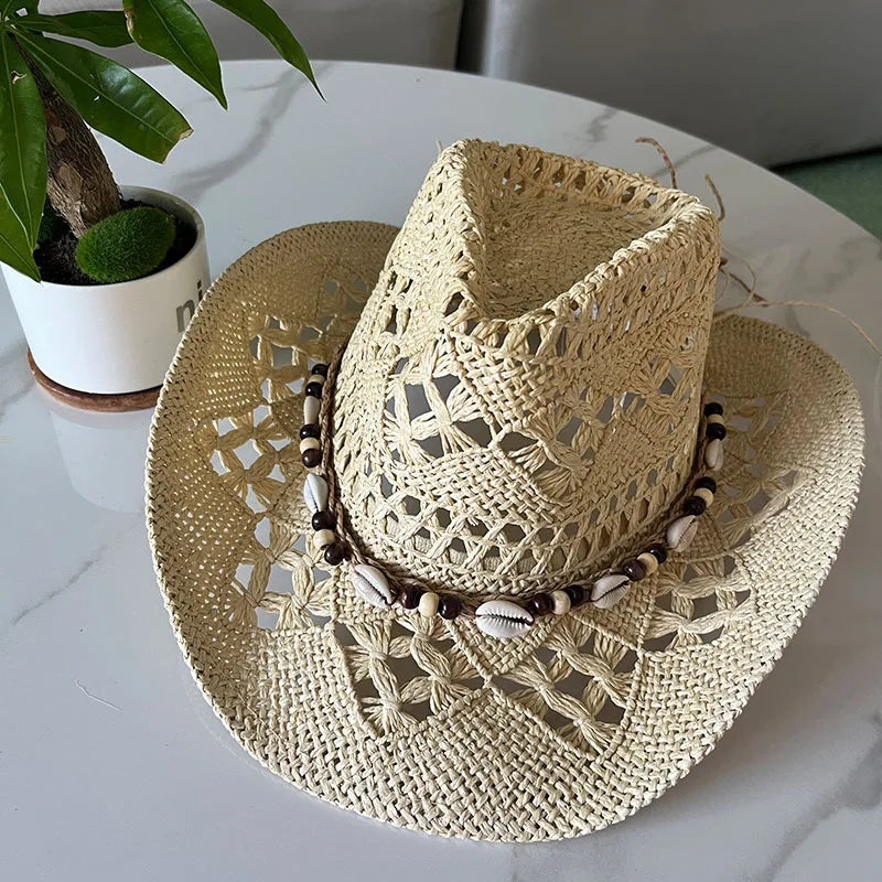 Summer Bohemian Shell Straw Hat Beach Women Men Cowboy Hats Wooden Beads Hollow Out Western Wide Brim Sun Hat Holiday Cap