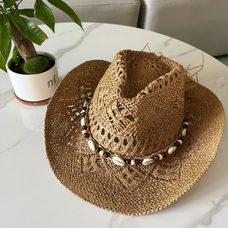 Summer Bohemian Shell Straw Hat Beach Women Men Cowboy Hats Wooden Beads Hollow Out Western Wide Brim Sun Hat Holiday Cap