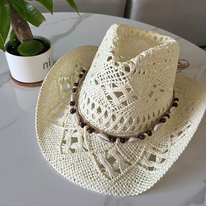 Summer Bohemian Shell Straw Hat Beach Women Men Cowboy Hats Wooden Beads Hollow Out Western Wide Brim Sun Hat Holiday Cap