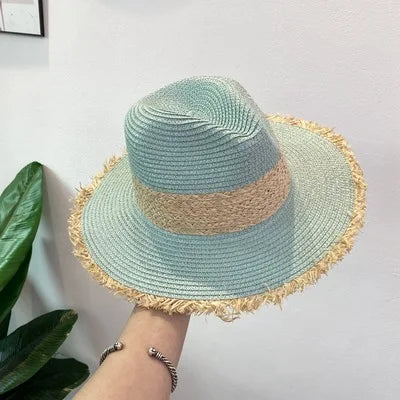 Summer Jazz Hat Men's Women's Sun Hat British Style Ladies Raffia Stitching Raw Edge Beach Holiday Sunshade Hat Panama Hat