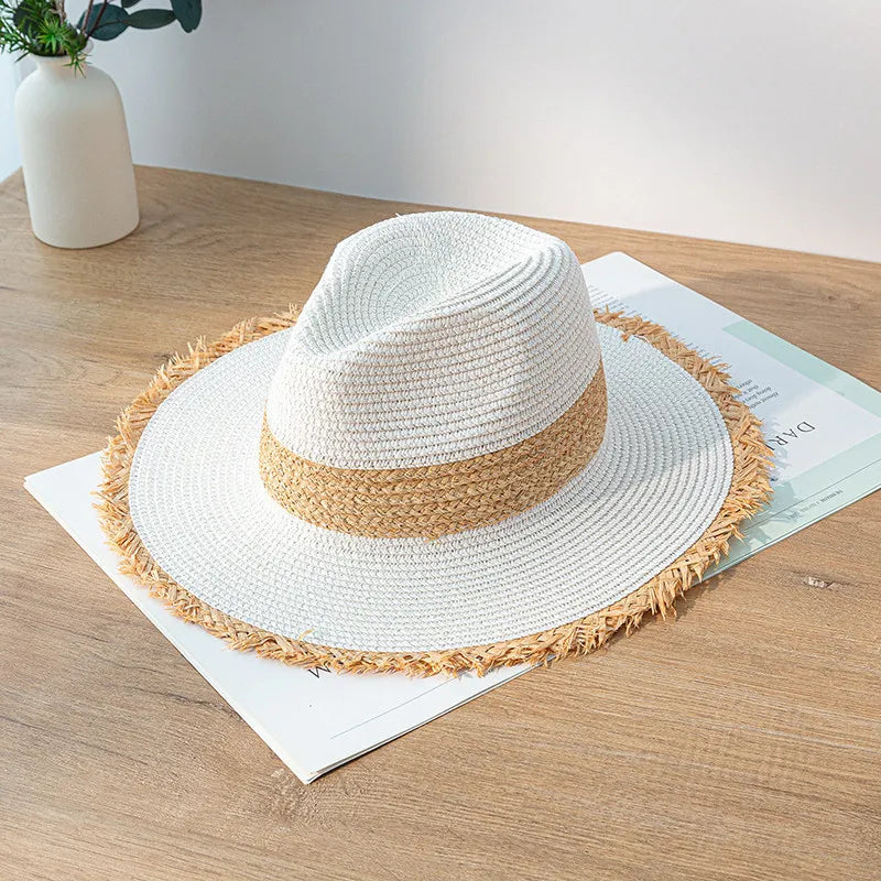 Summer Jazz Hat Men's Women's Sun Hat British Style Ladies Raffia Stitching Raw Edge Beach Holiday Sunshade Hat Panama Hat